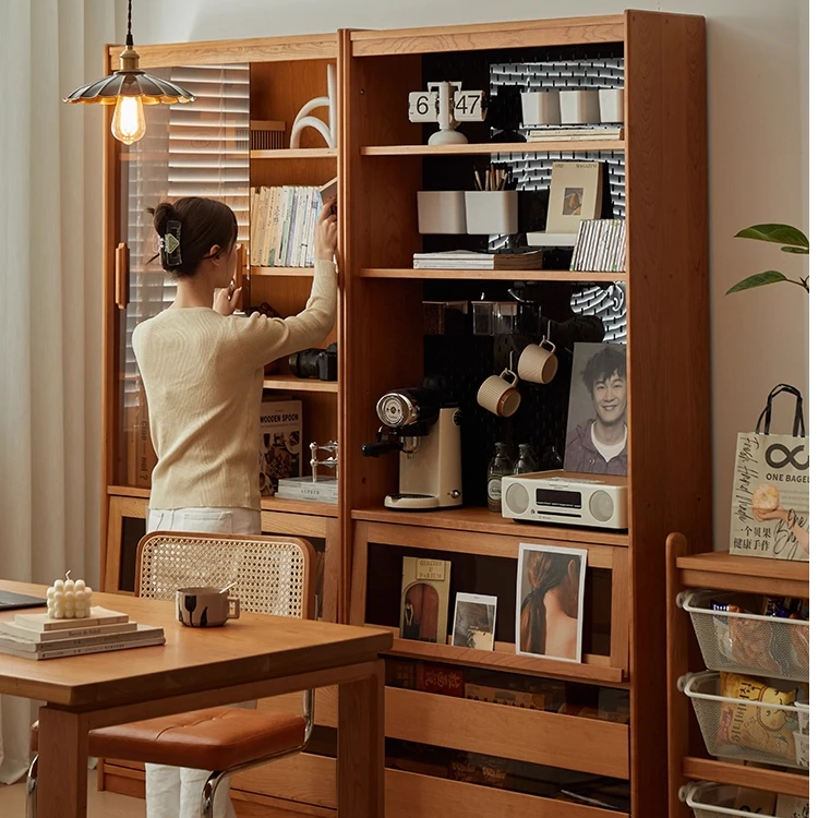 树府樱桃木书柜组合落地实木一体整墙客厅书架日式置物展示储物柜