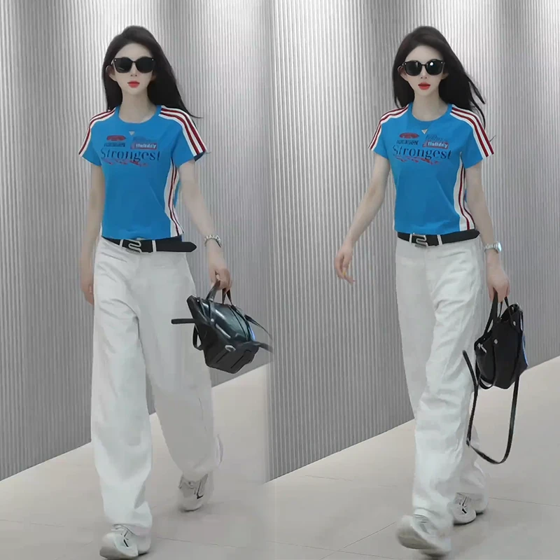 夏季时尚穿搭女装2025新款小个子设计感撞色减龄短款T恤上衣裤子