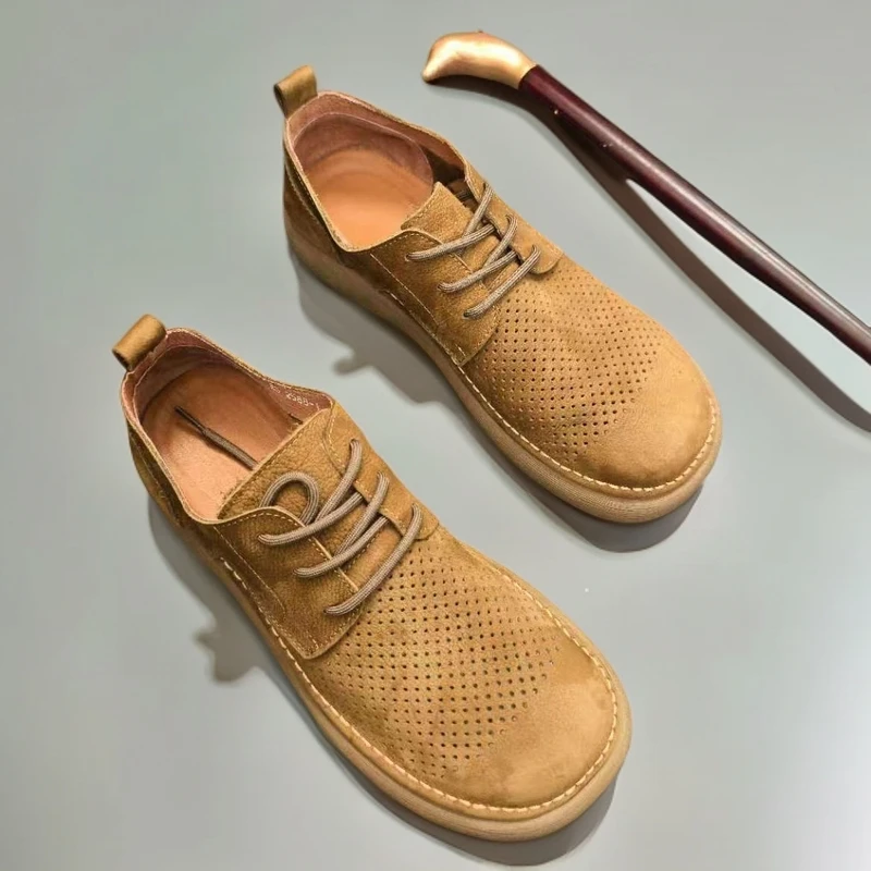 夏季休闲皮鞋男真皮打孔镂空透气男鞋磨砂牛皮薄款大头软底潮男鞋