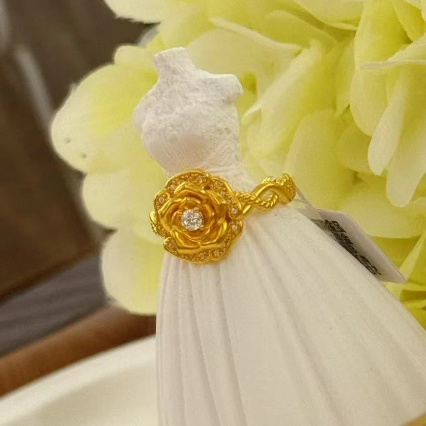 莫桑石【小鹏黄金】足金999新中式立体玫瑰花点钻戒指2.39 2.22