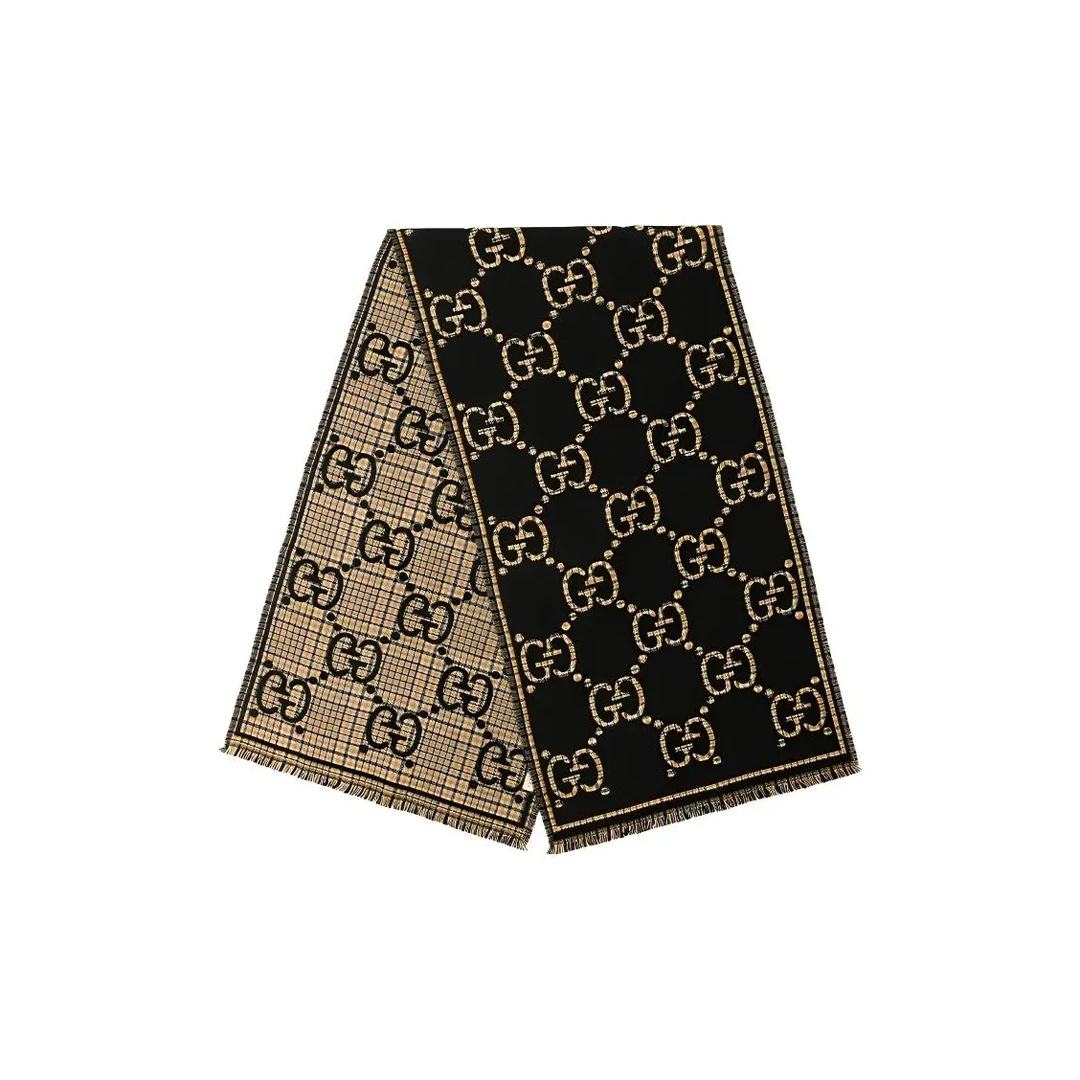 GUCCI古驰 经典双G格纹 羊毛 绒线围巾 女款