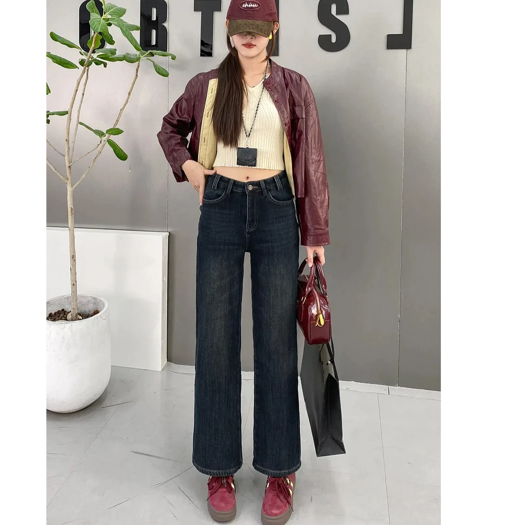 加绒加厚窄版直筒裤高腰时尚宽松阔腿牛仔裤女秋冬百搭显瘦长裤子