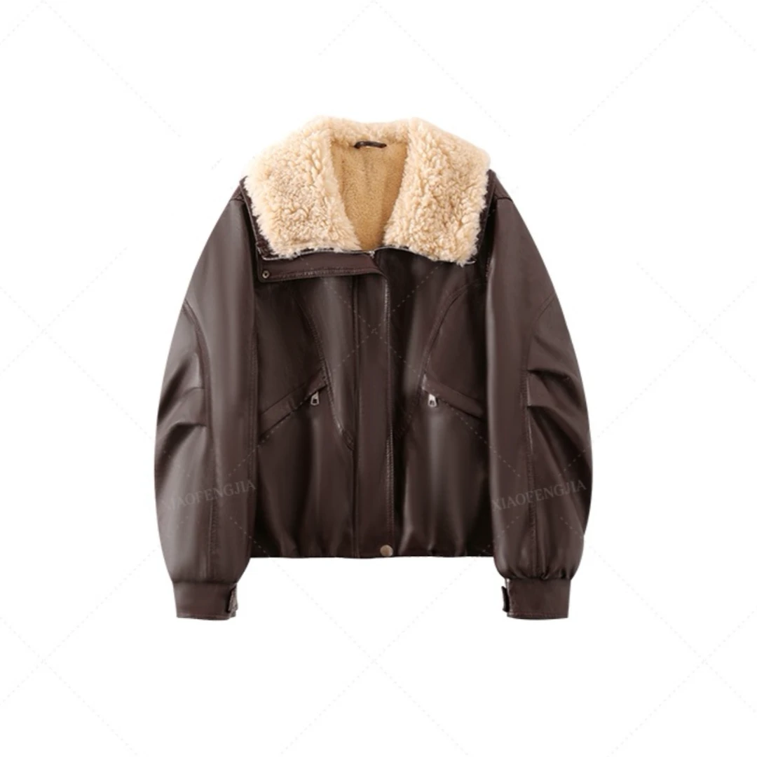 毛绒大翻领加绒皮衣外套女2025秋冬新款宽松显瘦上衣