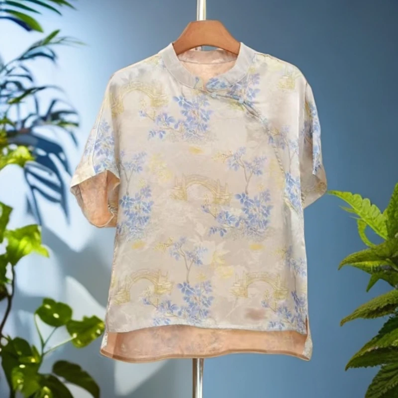 683【兰亭序-2】国风新中式复古立领斜襟夏季女式短袖上衣