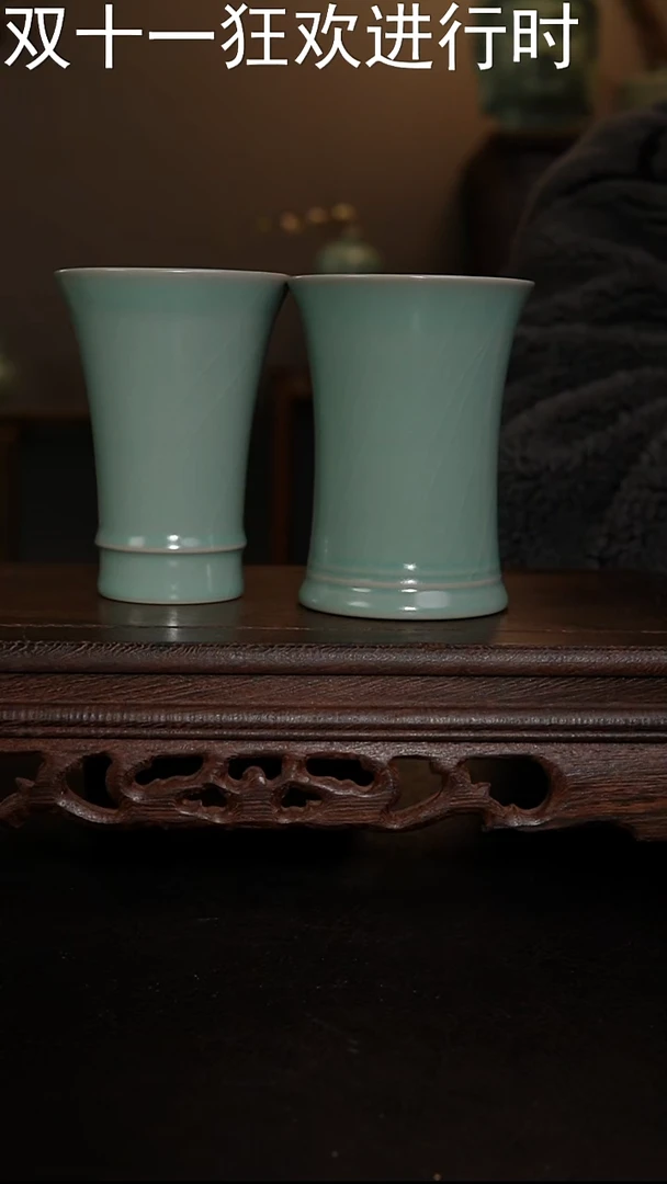摆件瓷仿古手工军绿对杯