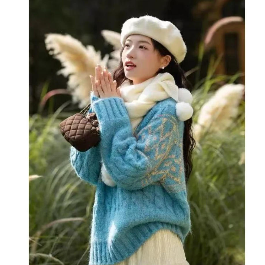 加厚蓝色宽松麻花毛衣慵懒高级感女显瘦菱形毛针织衫长袖韩版