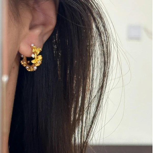 铜合金耳饰 轻奢黄金色鸢尾花繁花耳坠耳钉女金店同款新中式设计