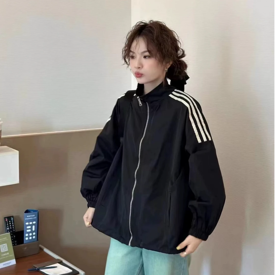 爆款春季新款韩版复古宽松立领撞色外套女三条杠冲锋衣上衣外套