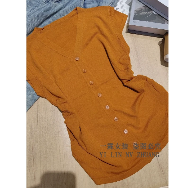 一霖女装2025新款时尚纯色V领褶皱短袖显瘦简约针织衫XXL13271