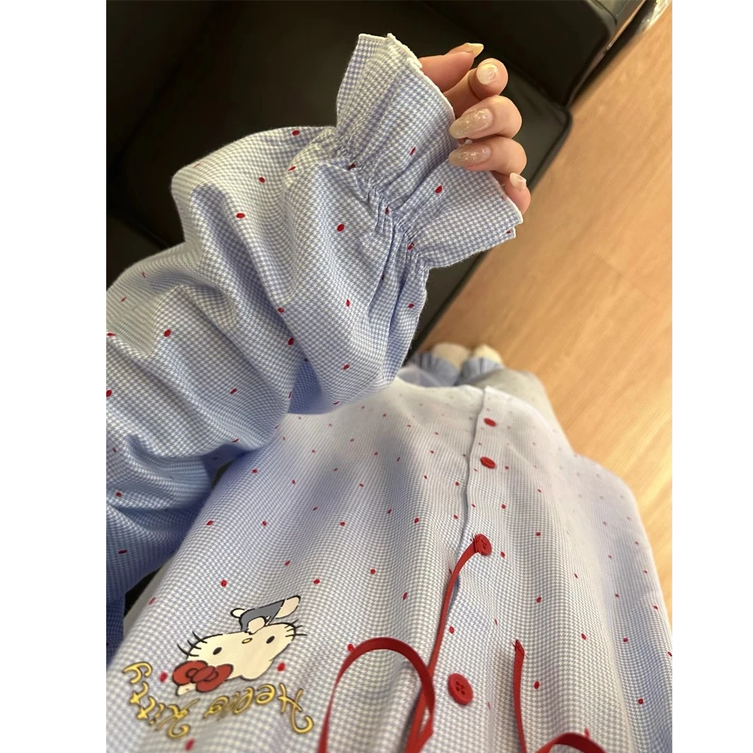 甜美可爱卡通hellokitty波点格子睡衣女春秋新款娃娃领宽松家居服