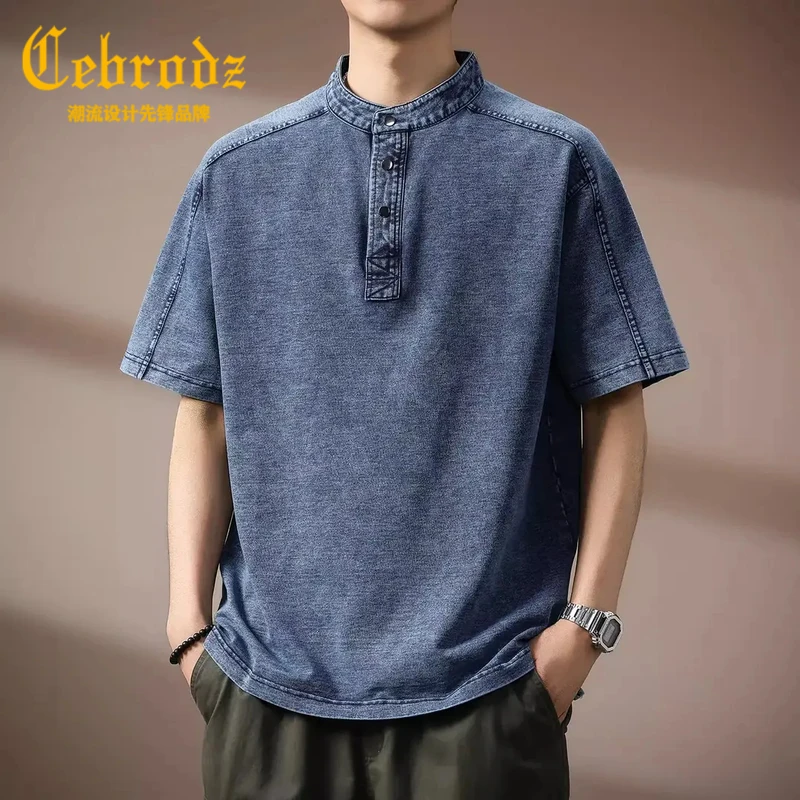 Cebrodz高端立领牛仔Polo衫男夏季新款复古宽松短袖T恤男士大码