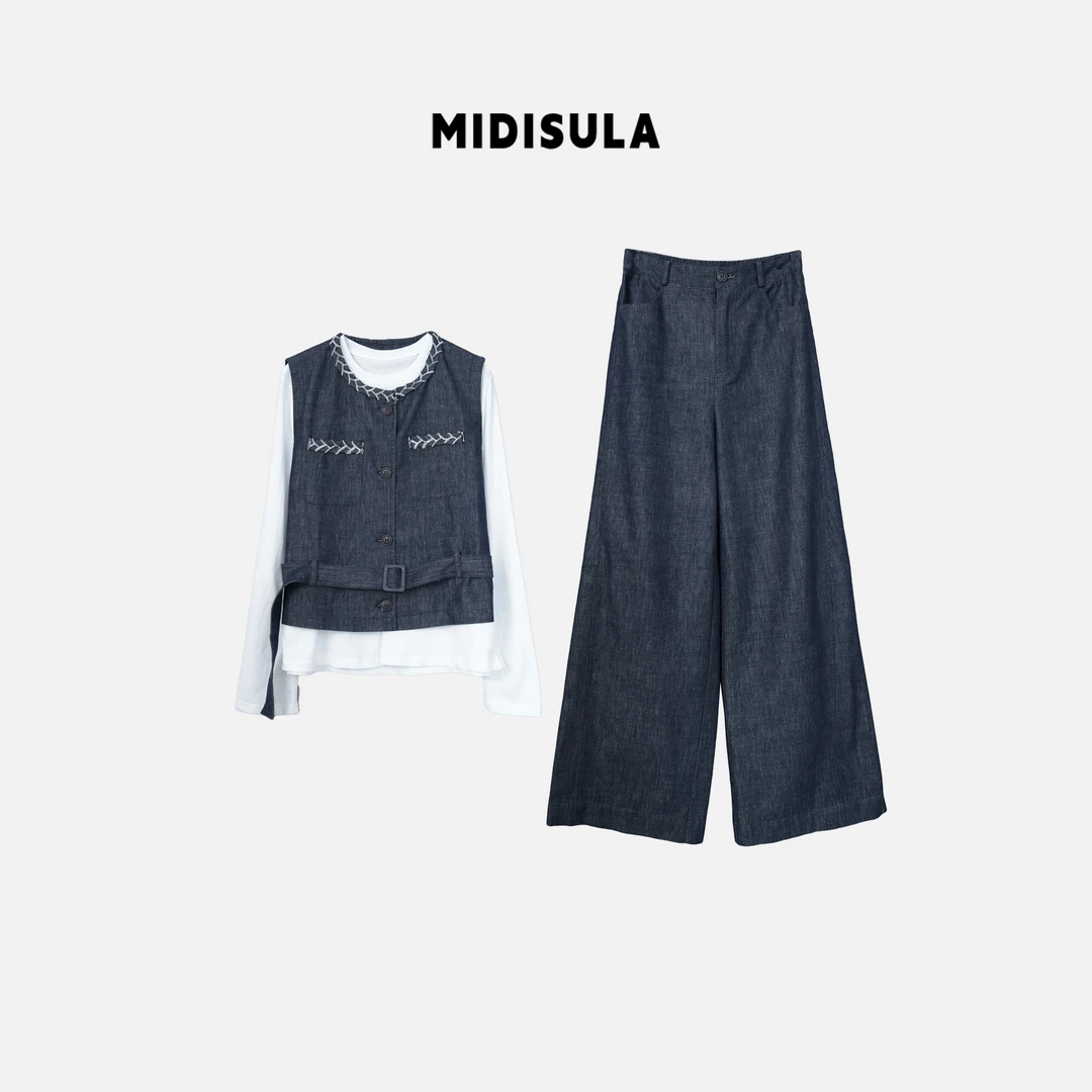 【H.MDSL】花边腰带静奢风休闲夏季洋气时尚牛仔三件套#0363