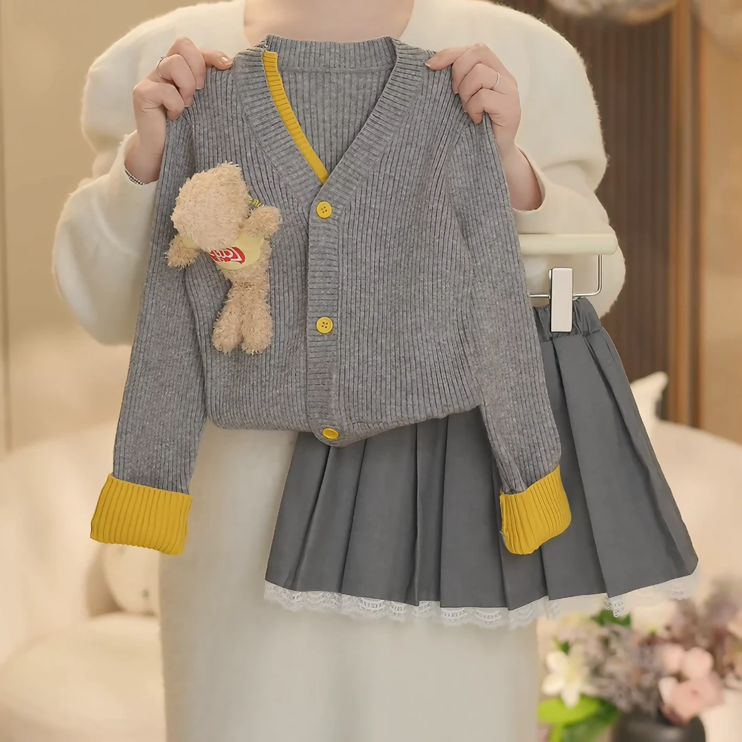 女童2025春季新款洋气假两件毛衣百褶裙套装YY023