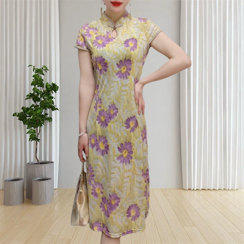 法式气质中长款短袖旗袍裙夏季修身复古显瘦薄款紫花立领A字裙