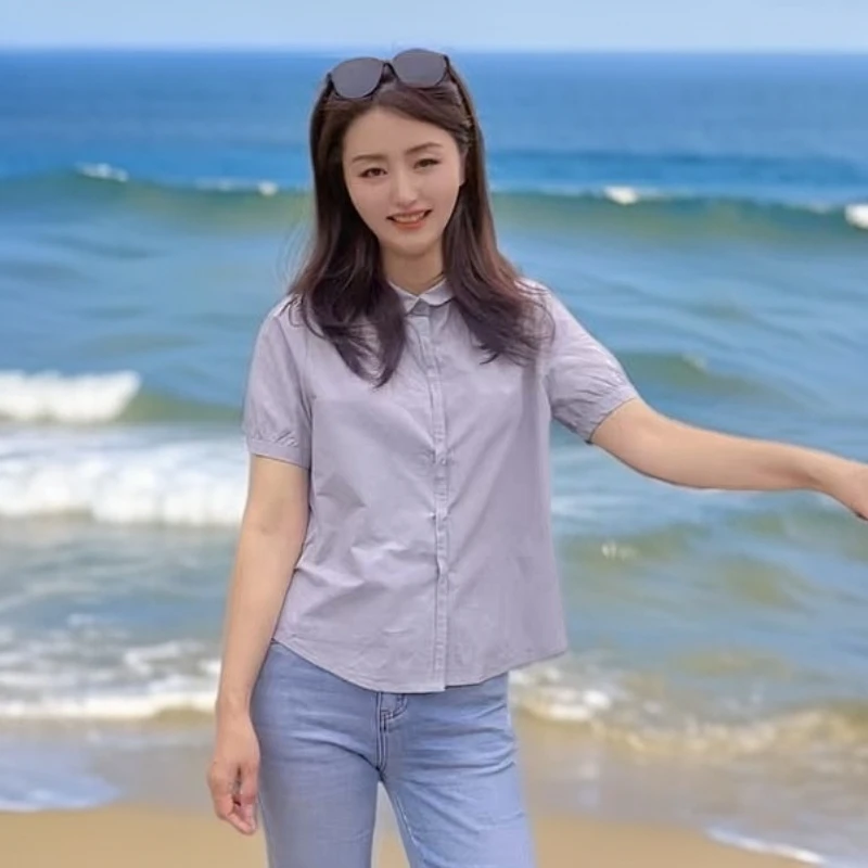 483-3短袖衬衫真开衫薄款细领纯棉白2025新款蓝短袖衬衫女