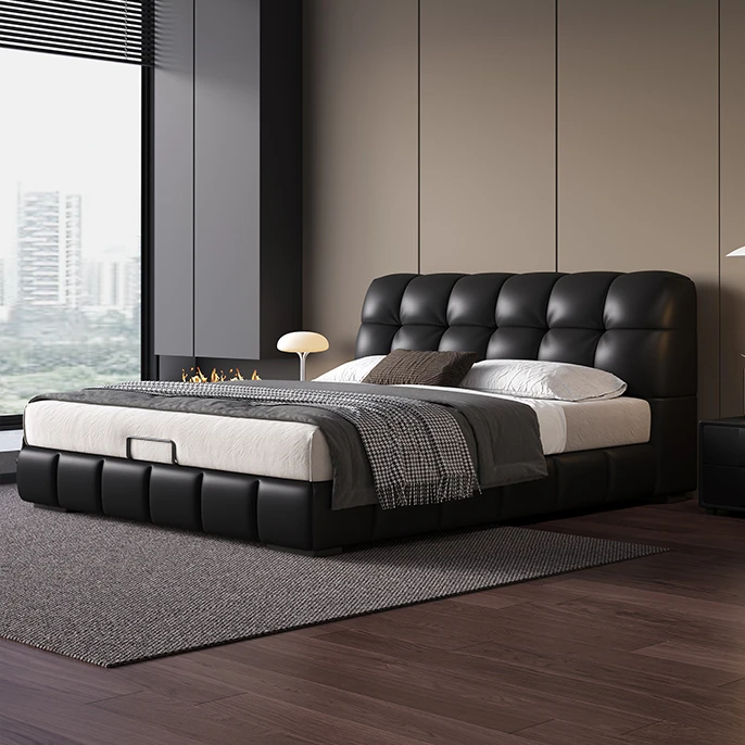 真皮床现代简约床主卧大床女孩公主床卧室网红婚床真皮床床泡芙床