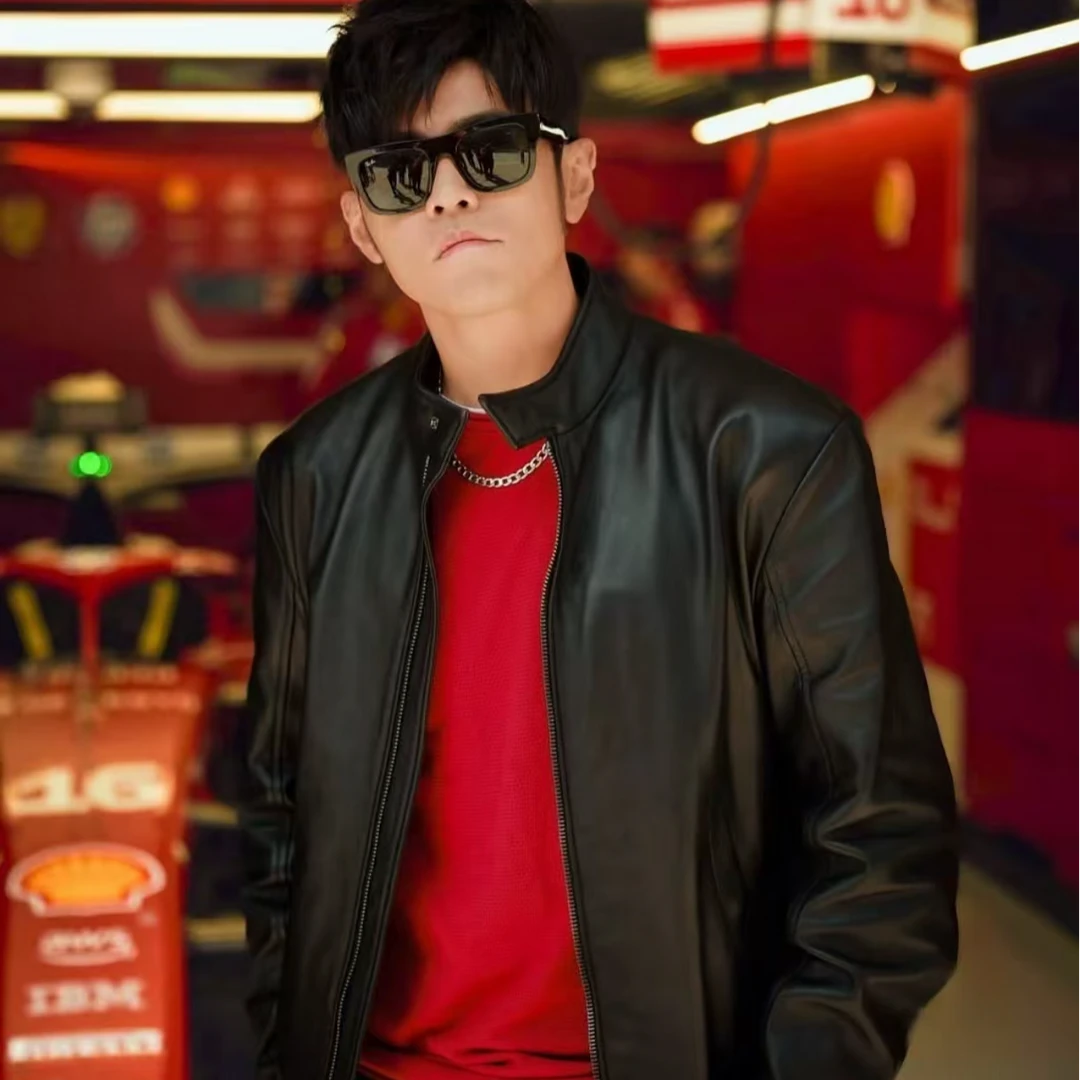 周杰伦同款机车皮夹克男黑色真皮立领痞帅短款修身美式机车外套男