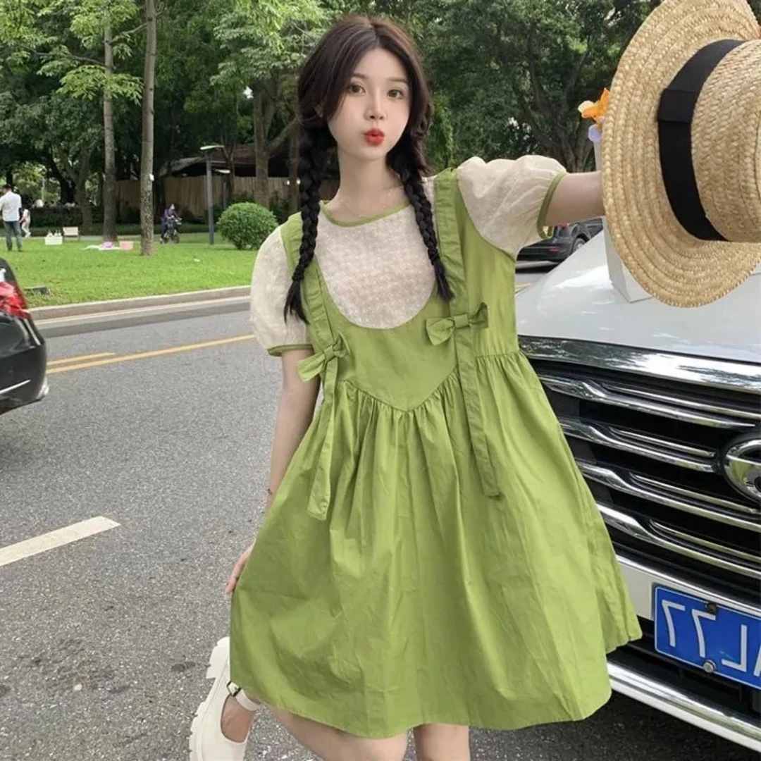 大码女装胖mm显瘦连衣裙法式小众设计感蝴蝶结五个色假两件背带裙