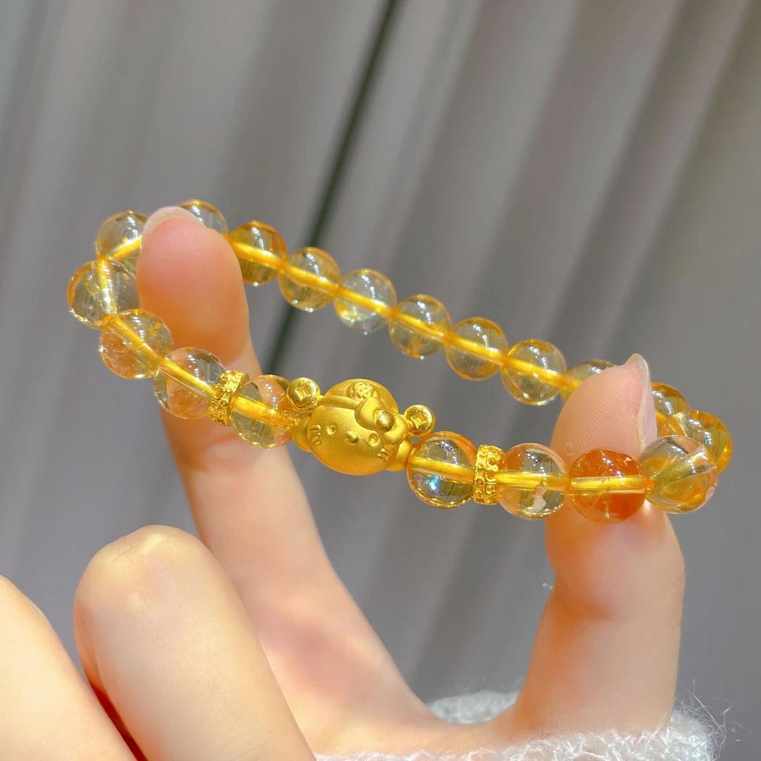 瑞诺黄金财神KT黄水.晶手链足金999招财可爱猫手串520礼物送女友