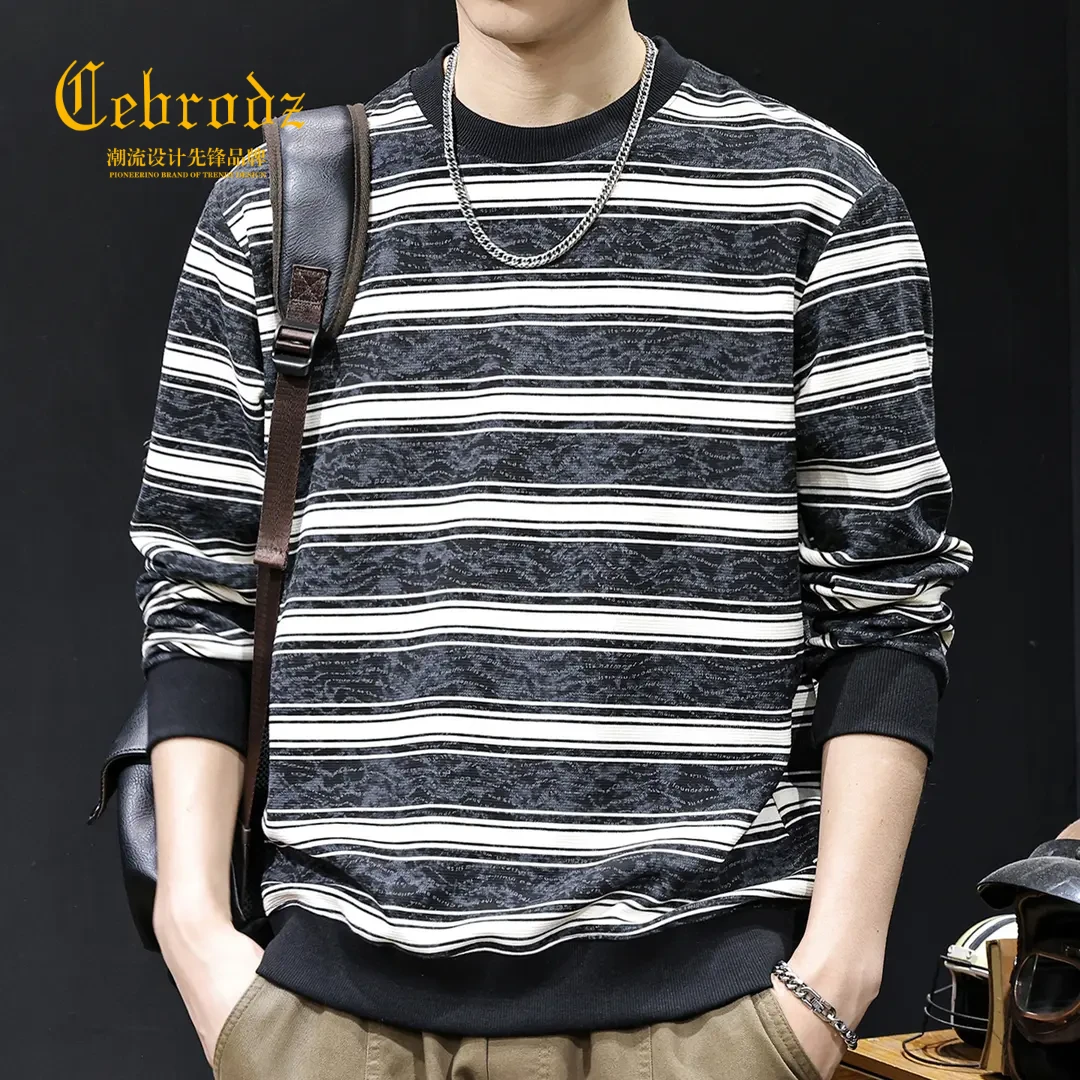 法国Cebrodz条纹印花潮牌简约卫衣男秋季休闲长袖高端衣服秋冬款