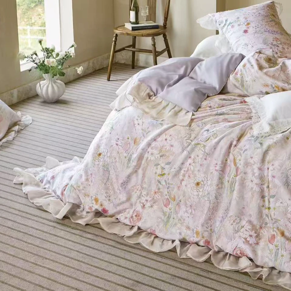 蚕丝拼角100S兰精天丝夏被 梨花碎雨-粉150*200/200*230无花边