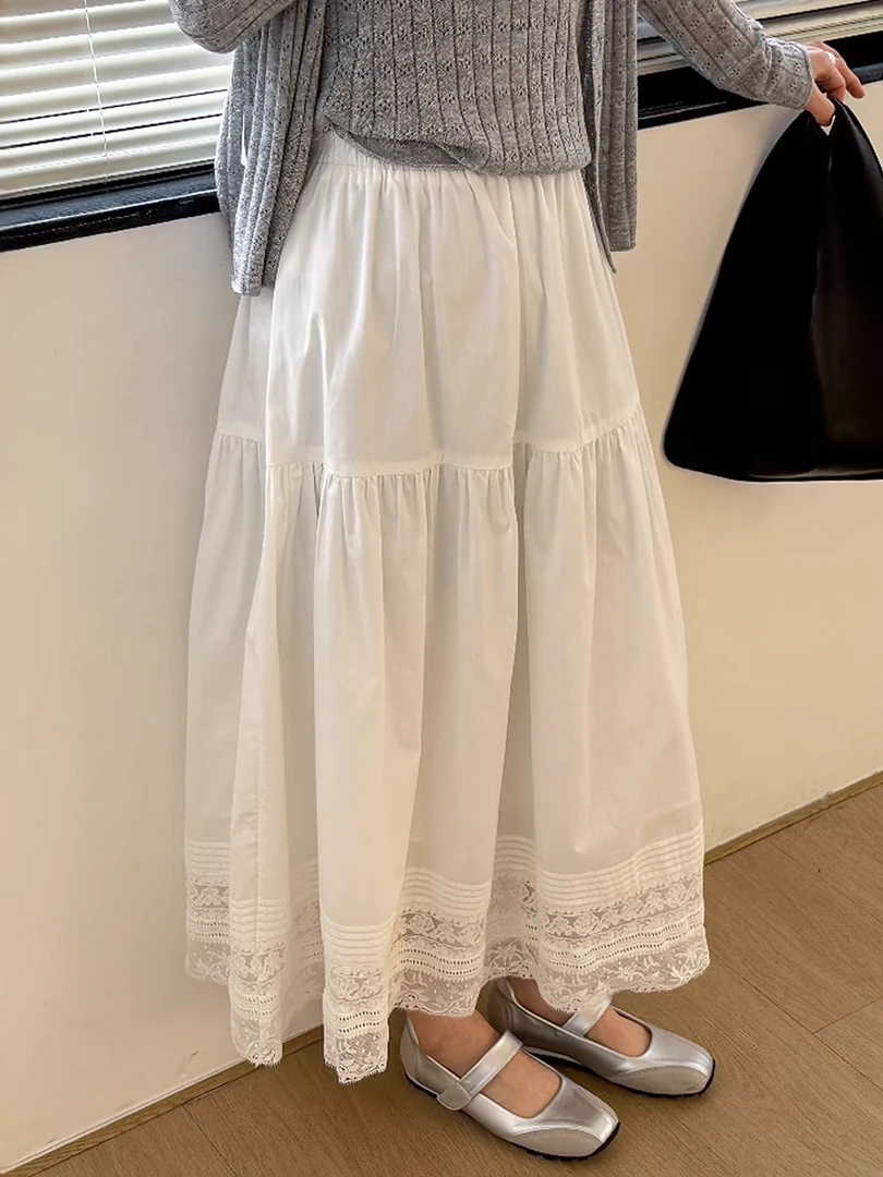 2025夏季纯色镂空A型拼接百褶夏季蛋糕半身裙