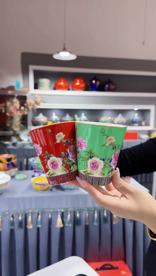 珐琅 牡丹花卉杯子2只装景德镇陶瓷