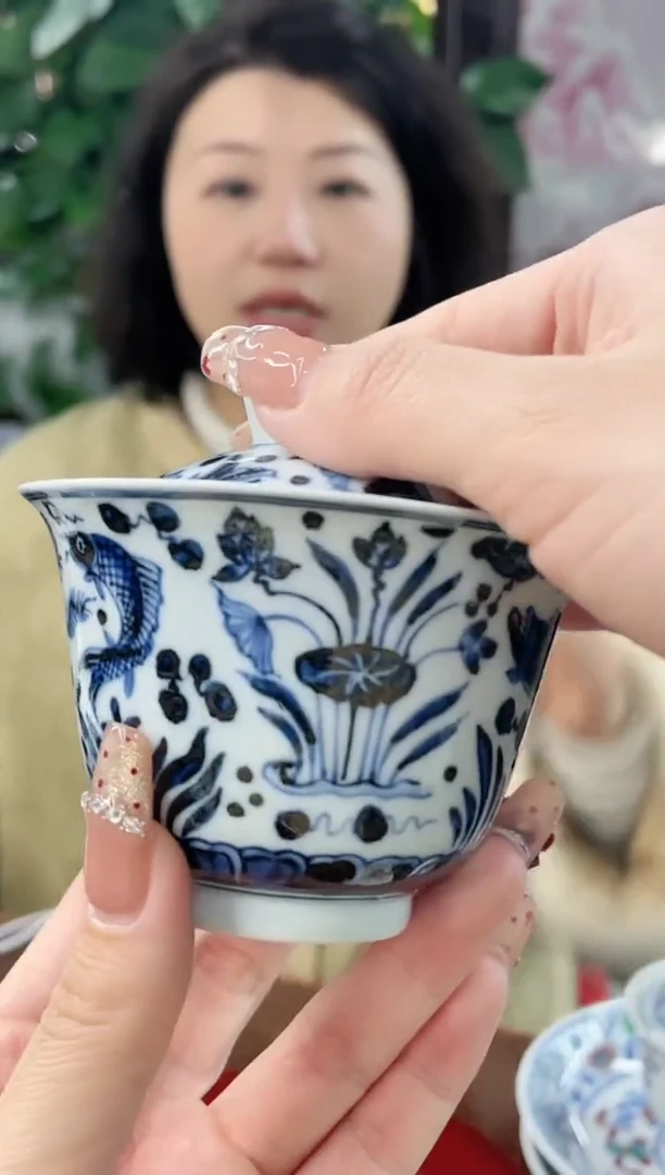 【闪购商品】008陶瓷供应链仿明青花鱼藻纹两才盖碗