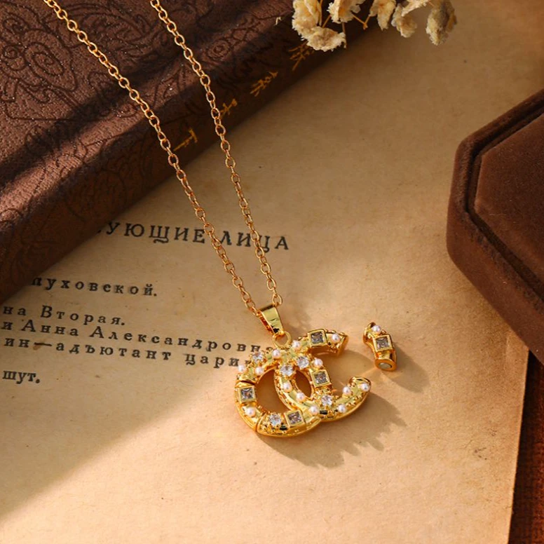 铜合金锆石项链 金色双环可卸轻奢镀金项链 LH21589