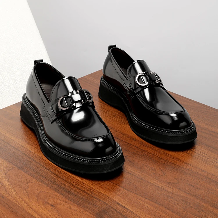 高档一脚蹬皮鞋男款真皮亮面厚底增高男鞋商务休闲轻奢乐福鞋冬季