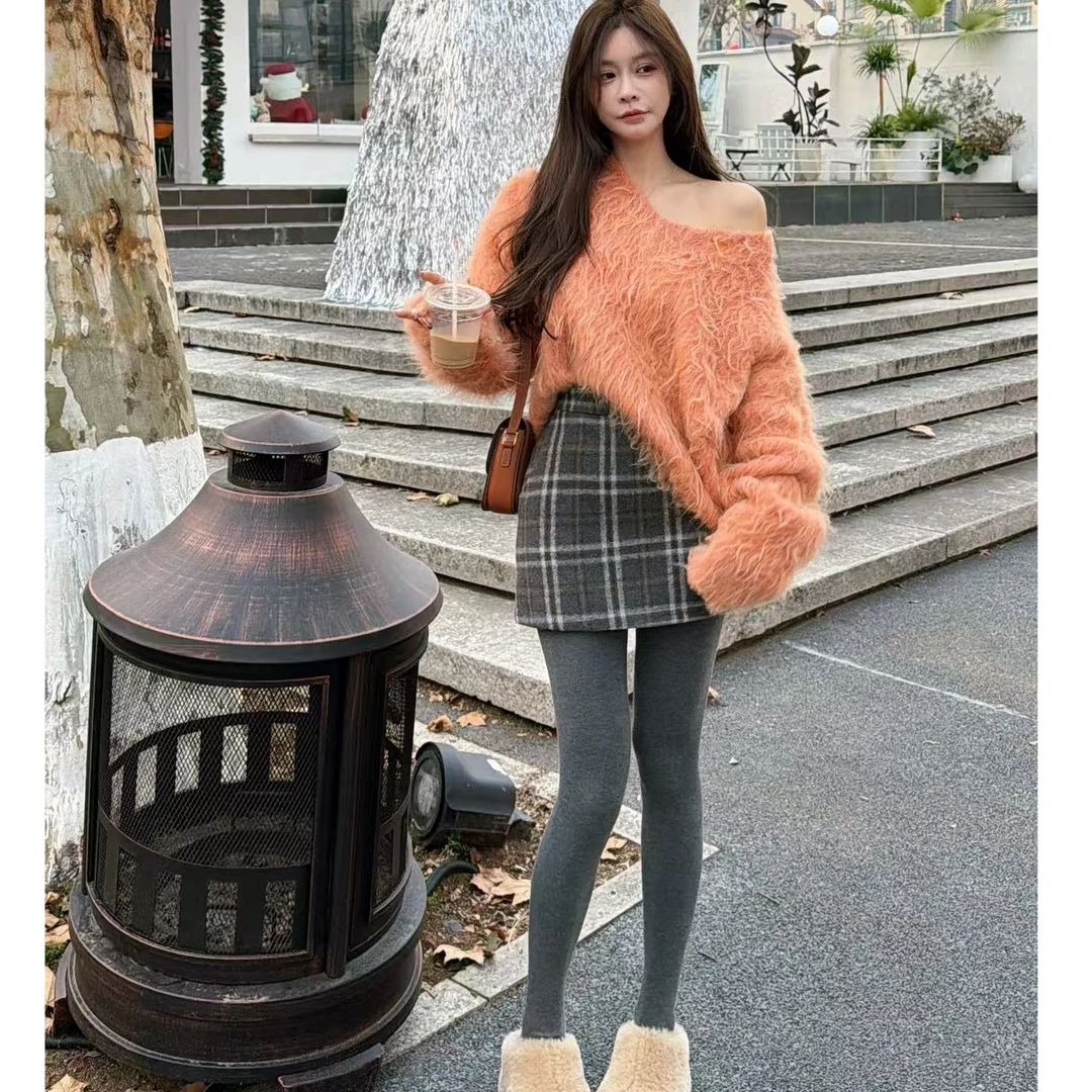 【YKL】暖橘格纹 橘棕半系扣褶皱长袖珊瑚橙拉毛毛衣街头调格纹短裙