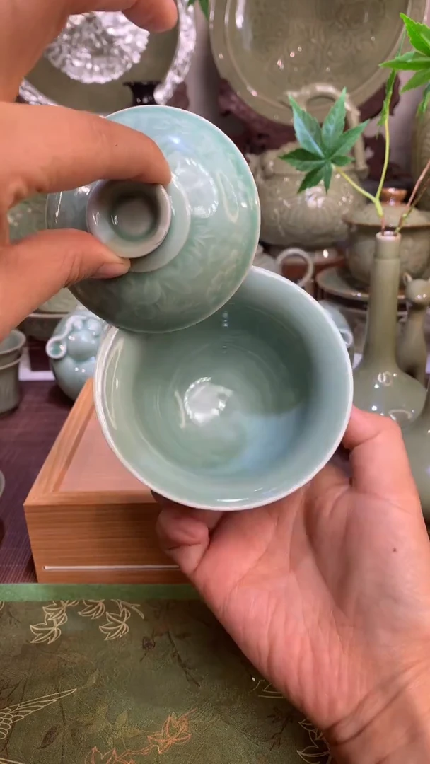 耀州窑瑕品二才盖碗加两杯一组