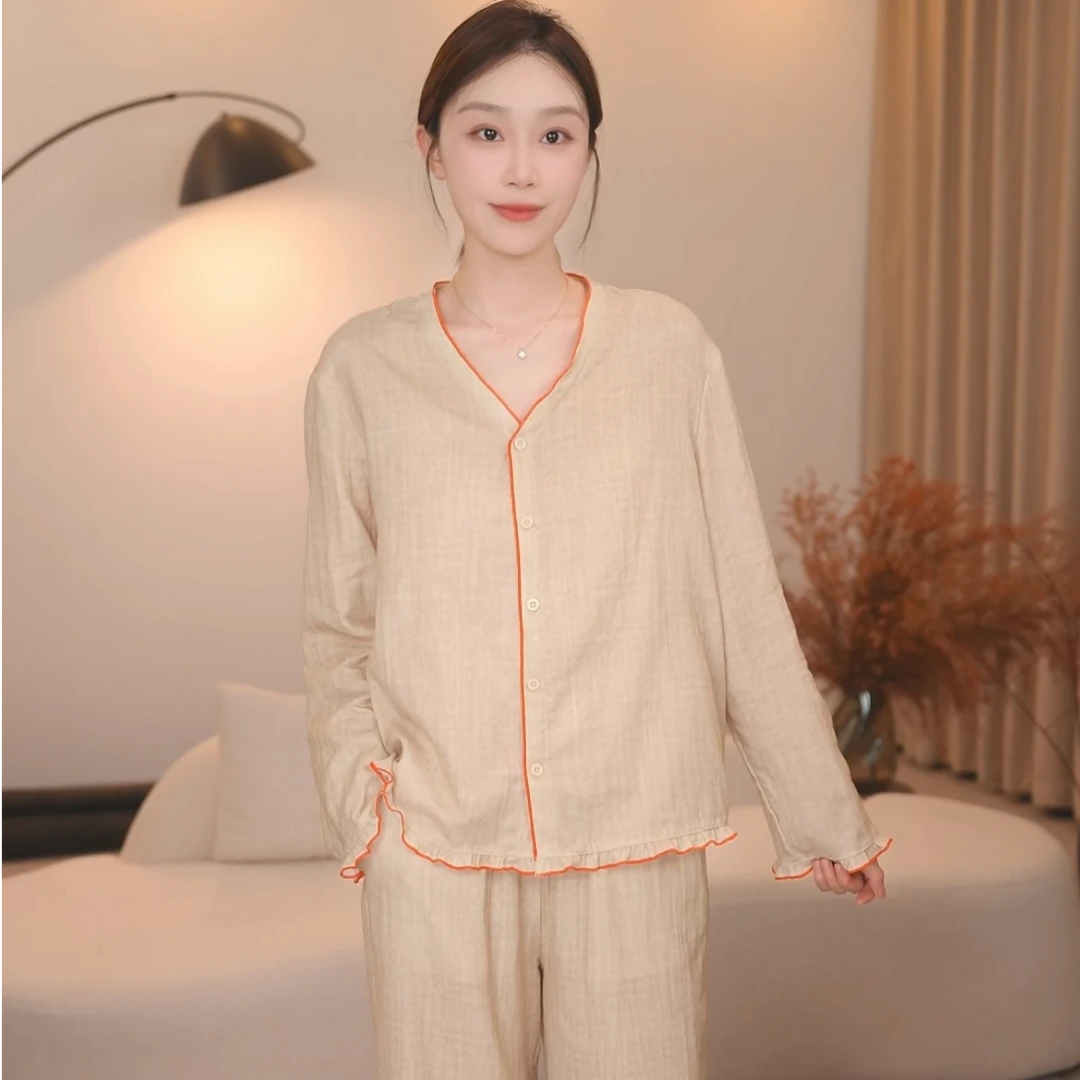 板栗小姐【稻屿】春秋长袖甜美全棉双层纱睡衣家居服套装可外穿