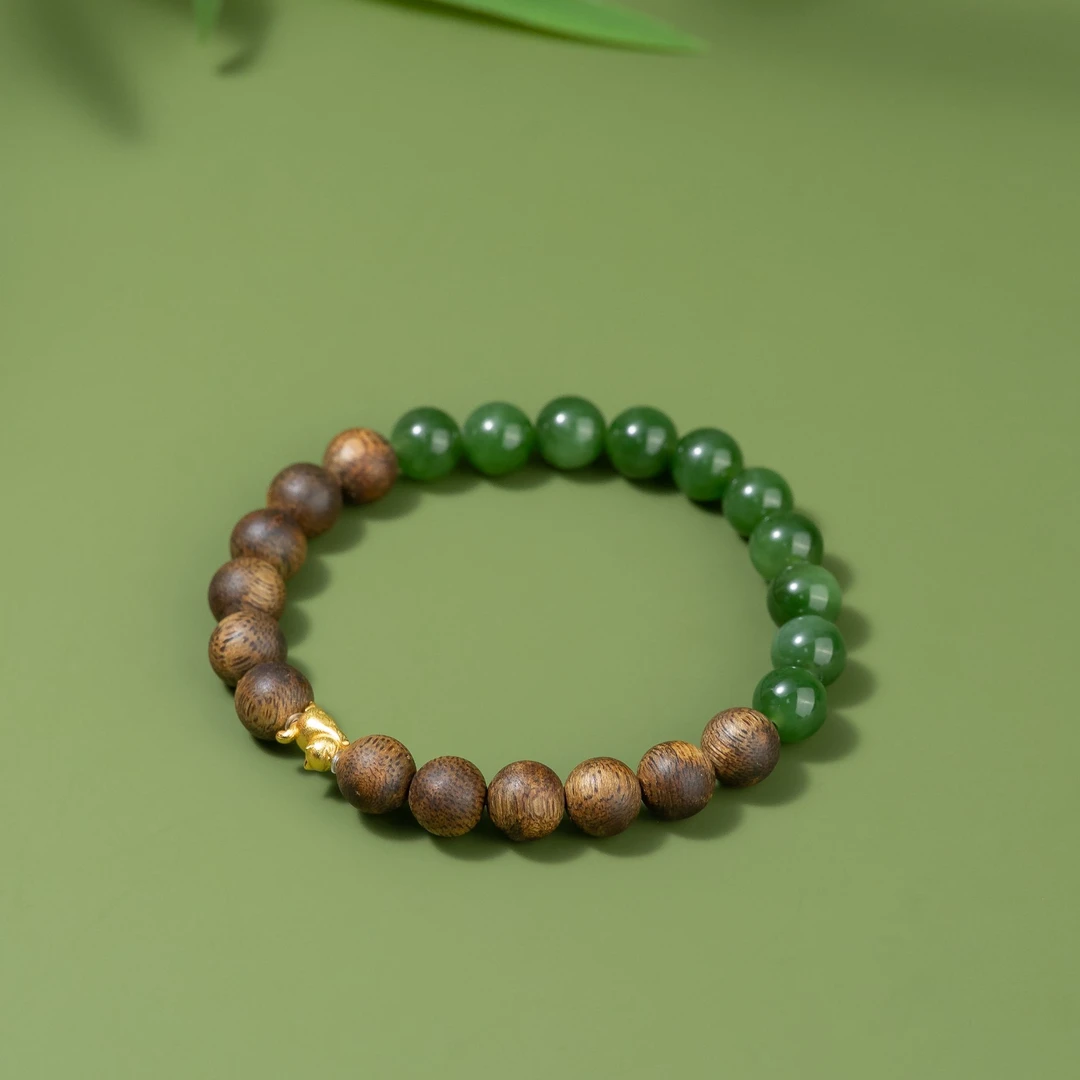 沉香【李晨nic】白奇楠8mm碧玉可爱猫咪中式潮流单圈手串多样性发货