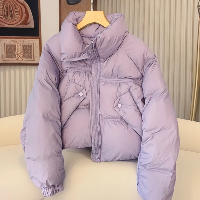 紫色立领加厚短款棉服女冬季2025年新款宽松设计感小众棉袄外套潮