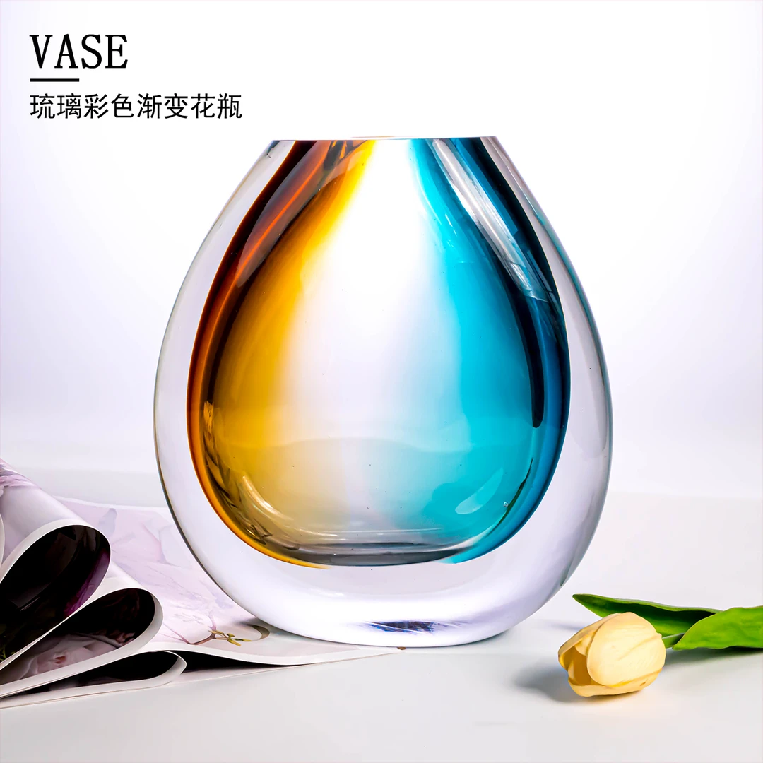 A765 现代轻奢琥珀色蓝色拼色大号琉璃花瓶桌面花卉花器