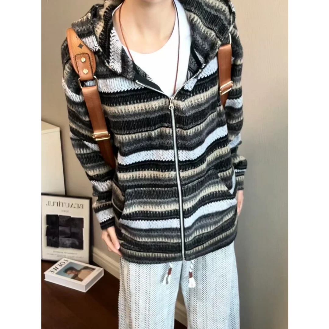 日系慵懒条纹秋季新款卫衣男美式复古毛呢宽松系休闲帽衫外套