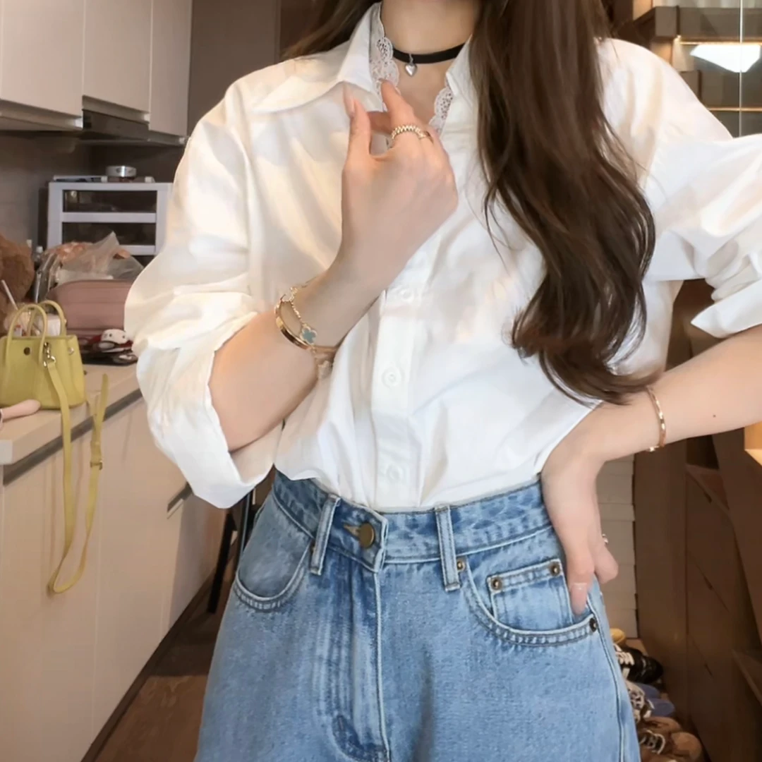 【必备白衬衣】泡菜订制蕾丝边设计感气质百搭时尚休闲白色衬衫