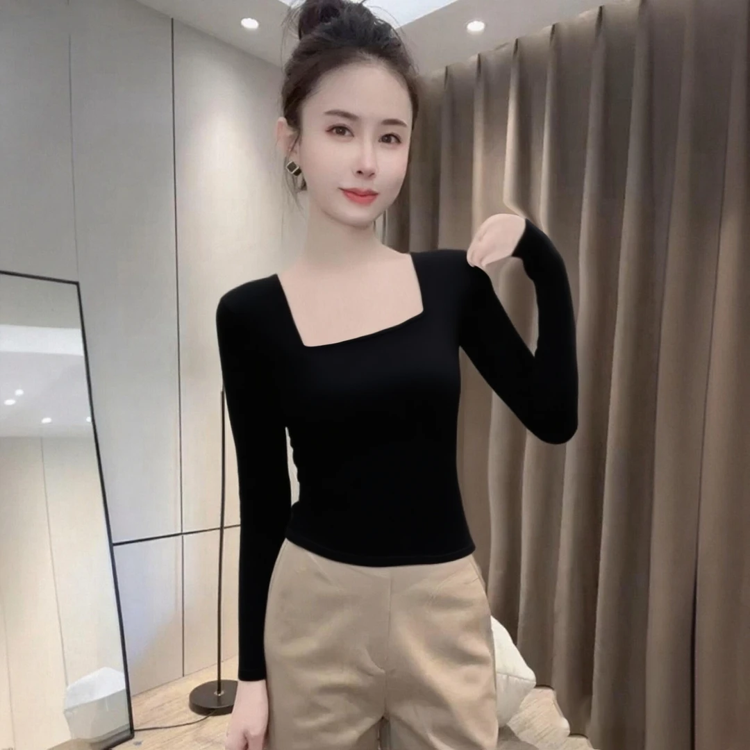 螺纹棉黑色方领长袖t恤女秋冬打底衫内搭外穿修身紧身上衣百搭款
