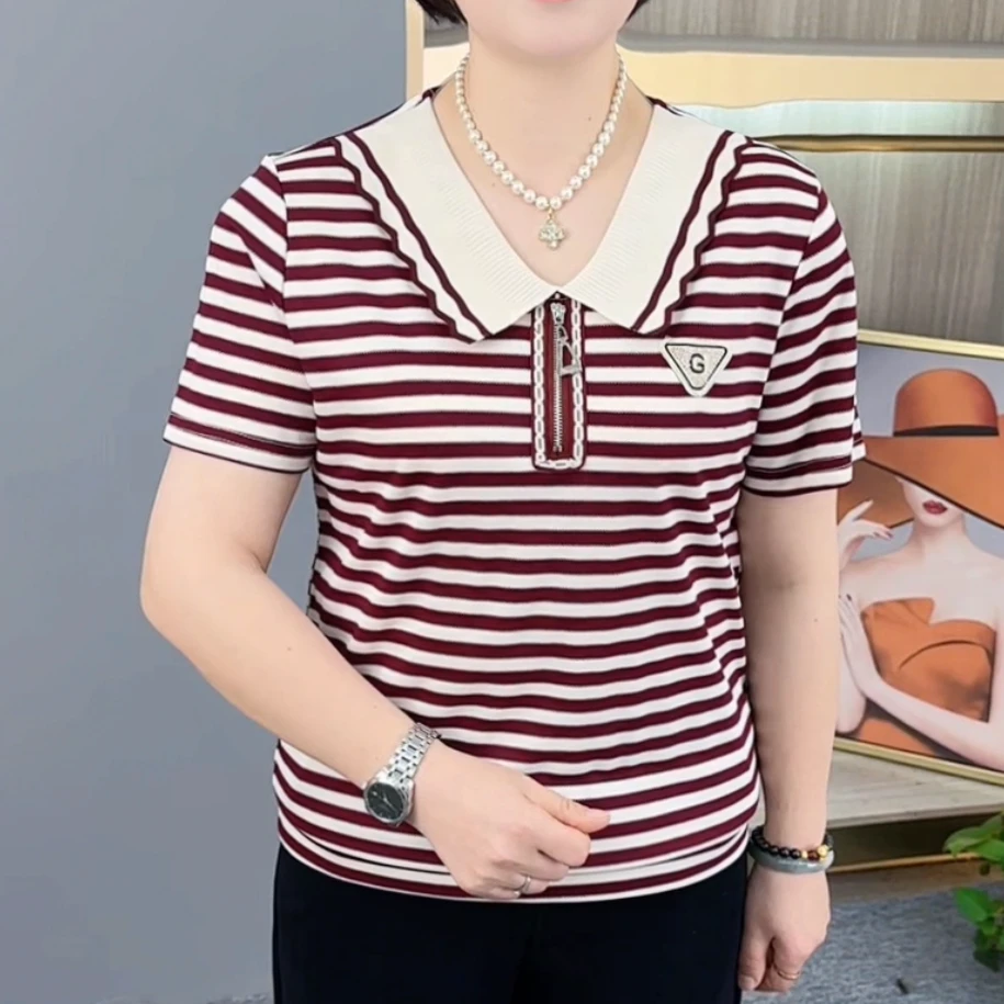 条纹拉链休闲风宽松型中老年女装洋气宽松翻领女装