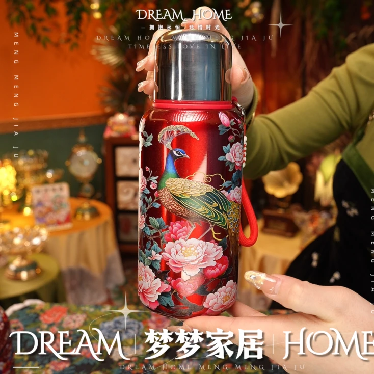 彩绘孔雀牡丹316不锈钢保温杯保冷保热复古大容量手提绳家用户外