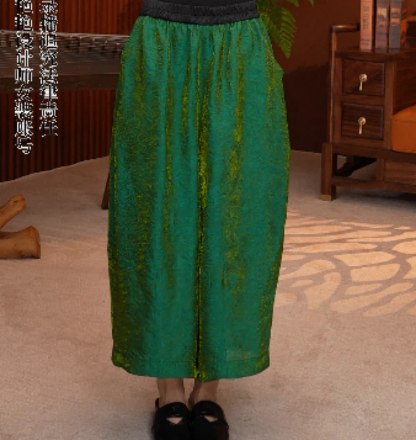 【红熹潮111-7黑/绿色】夏季新中式气质时尚百搭透气重工花苞裤