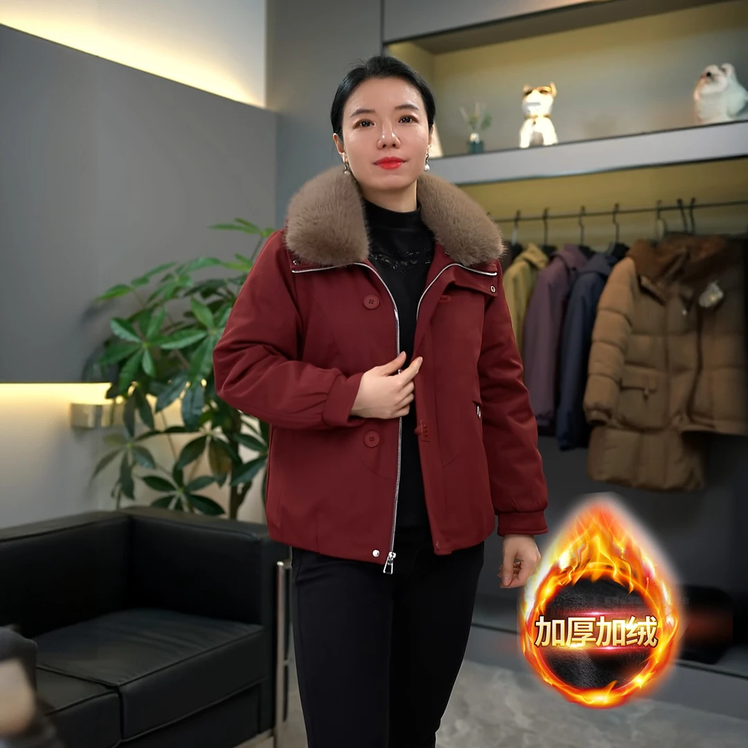 冬季妈妈装新款女士短款加绒加厚派克休闲防风可拆毛领百搭棉服