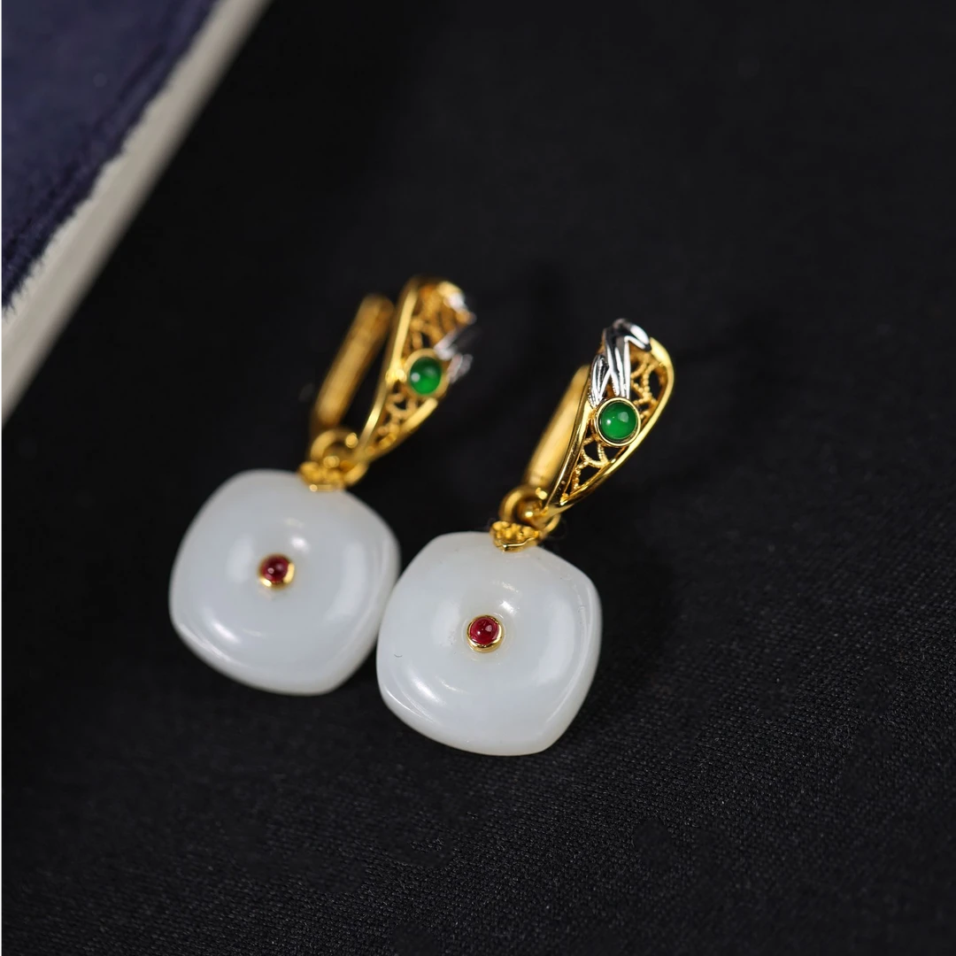 【既白】原创国风新中式定制珠宝18k金镶嵌和田方糖耳饰