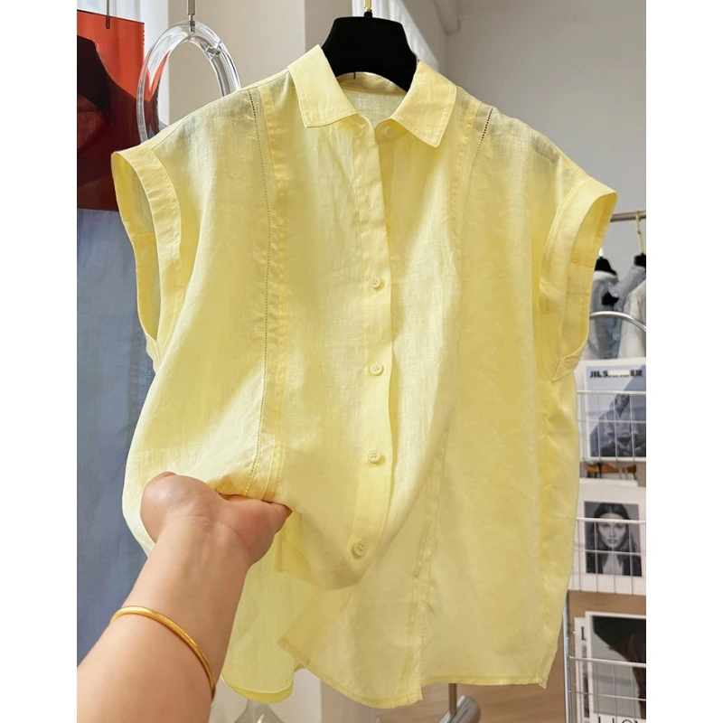 高端棉麻坎肩短袖翻领衬衫女夏季气质法式超好看轻奢高级感上衣爆