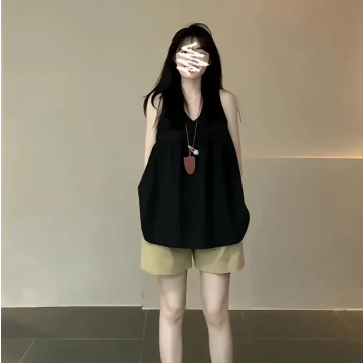 2025夏季新款女韩系穿搭V领宽松吊带上衣气质百搭高腰阔腿短裤子