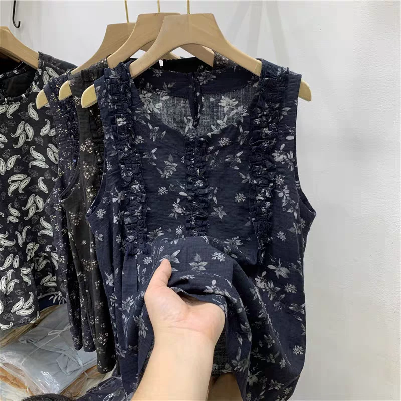 韩版十三行夏季通勤风显瘦气质复古碎花无袖木耳设计棉麻背心上衣