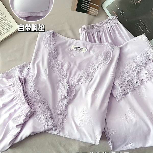 文艺风睡衣女款夏季款开衫带胸垫短袖长裤可外穿三件套装家居服