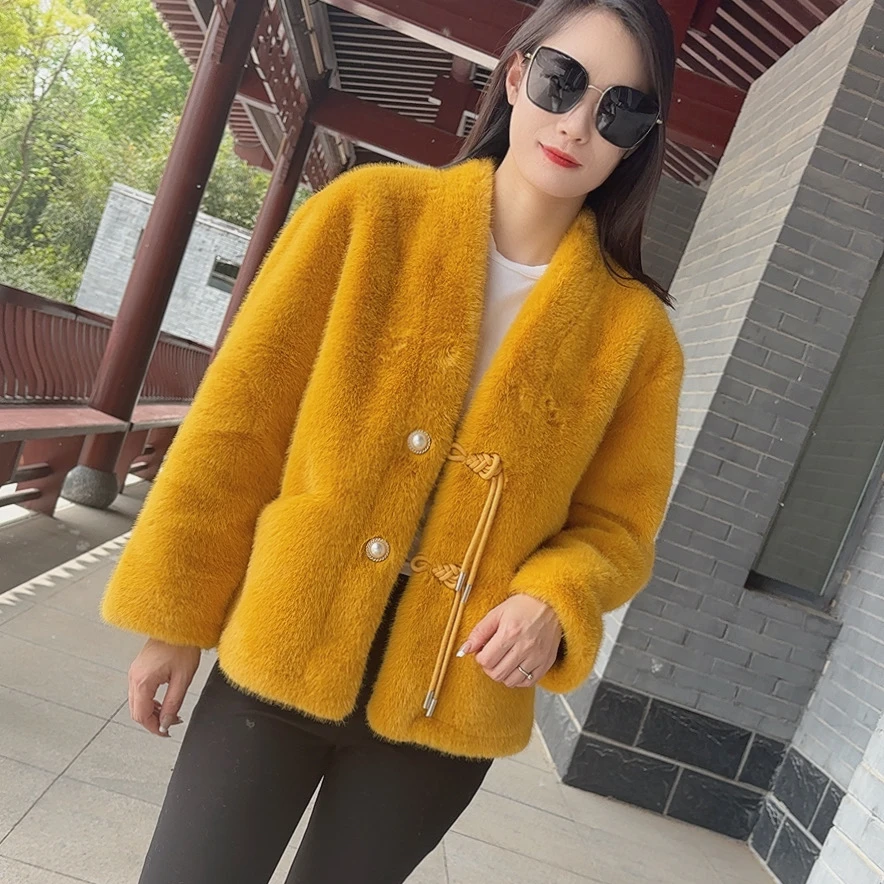 634K#秋冬新款水貂绒V领盘扣国风小个子欧貂绒开衫外套毛毛外套