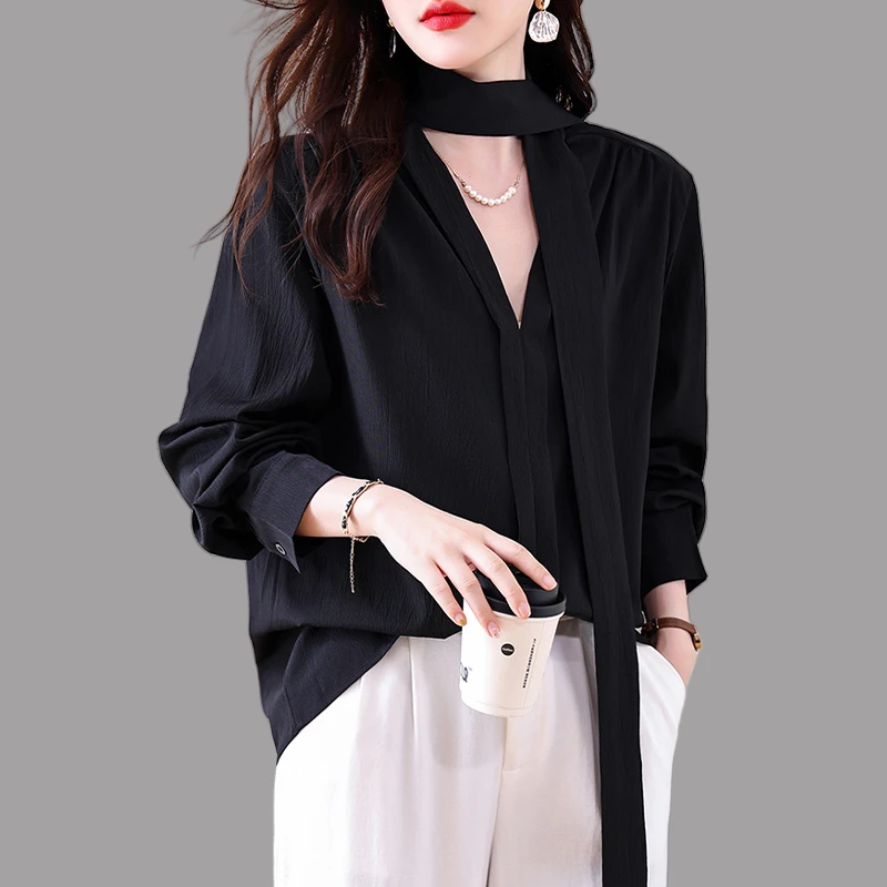 秋季新款女法式高级感黑色V领长袖防晒衫时尚气质挂脖衬衣衫上衣